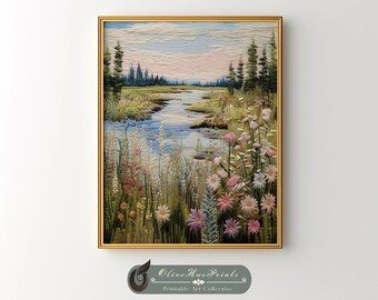 Riverbank Wildflower Print: Rustic Mountain Landscape Art (Digital Download)