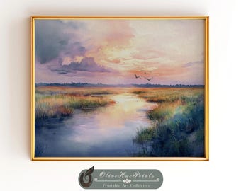 Watercolor Sunset Marsh Print: Coastal Marsh Landscape Art (Digital Download)