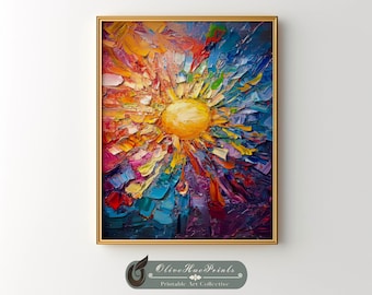Vibrant Sunburst Oil Painting, Colorful Boho Textured Sun, Modern Abstract Art, INSTANT DOWNLOAD