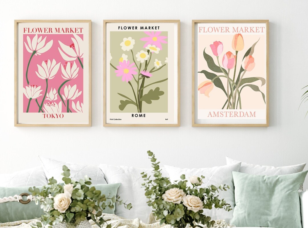 Flower Wall Art, Set of 3 Flower Market Prints, Pink Flower Poster ...