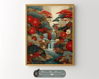 Japanese Waterfall Print, Red Trees Landscape, Japandi Art (PRINTABLE)
