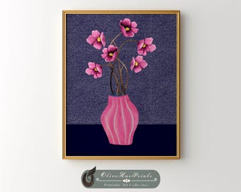 Pink Floral Vase Print: Navy Blue Botanical Art (Digital Download)