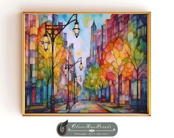 Colorful Night Cityscape Art Print: Vivid Watercolor Street Scene (Digital Download