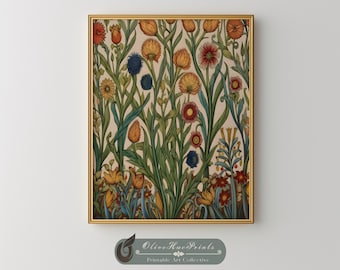 William Morris Inspired Floral Art Print, Art Nouveau Wall Decor, Colorful Botanical Printable (Digital Download)