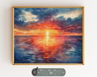 オレンジ色の夕日の壁アートプリント ビーチ 海岸 海 海洋 カラフルな