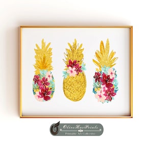 3 glittriga guldfärgade ananastryck, tropiska blommor ananaskonst (DIGITAL NEDLADDNING)
