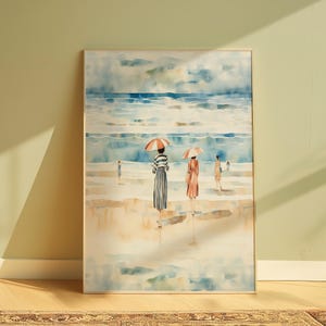 Ladies On Beach by the Ocean ART PRINT, Watercolor Sunlit Beach Wall Art for Coastal Home Decor Gift, PRINTABLE Digital Download