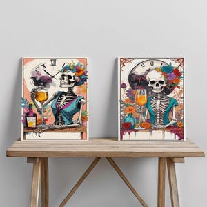 Skeletons Drinking Wine Print Set: Colorful Bar Cart Decor (Digital Download A1-A5, 24x36 JPGs)