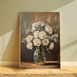 White Roses in Glass Vase Digital Wall Art, Floral Still Life Print, Neutral Roses Painting, White Flower Blooms, Botanical Oil Painting