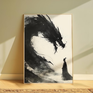 Samurai Dragon Sumi-e Art Print: Japanese Ink Style (Digital Download)