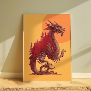Red Dragon Fantasy Forest Art Print: Asian Mythology Wall Decor (Digital Download)