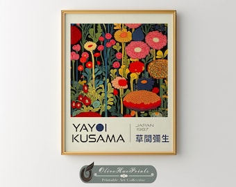 Lámina artística del jardín floral de Yayoi Kusama: Arte mural imprimible con flores japonesas retro (descarga digital)