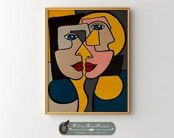Impresión de arte lineal "Rostros inspirados en Picasso": Decoración moderna cubista (descarga digital)