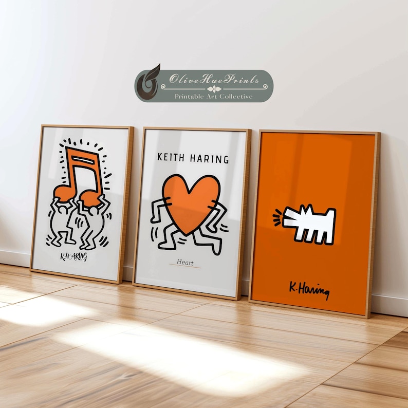Láminas de arte mural naranja inspiradas en Keith Haring: Juego de 3 (descarga digital) imagen 1