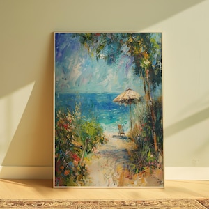 海辺の夏の水彩画アートプリント、カラフルな海岸のウォールアートプリント、ヤシの木と野生の花、ビーチパラソル、ビーチチェアの水彩画アート