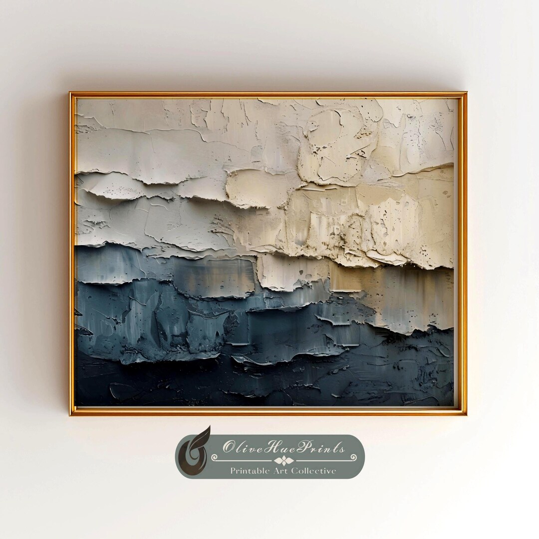 Neutral Tone Oil Textured Abstract Artwork, Gold Cream & Blue Wall Art ...