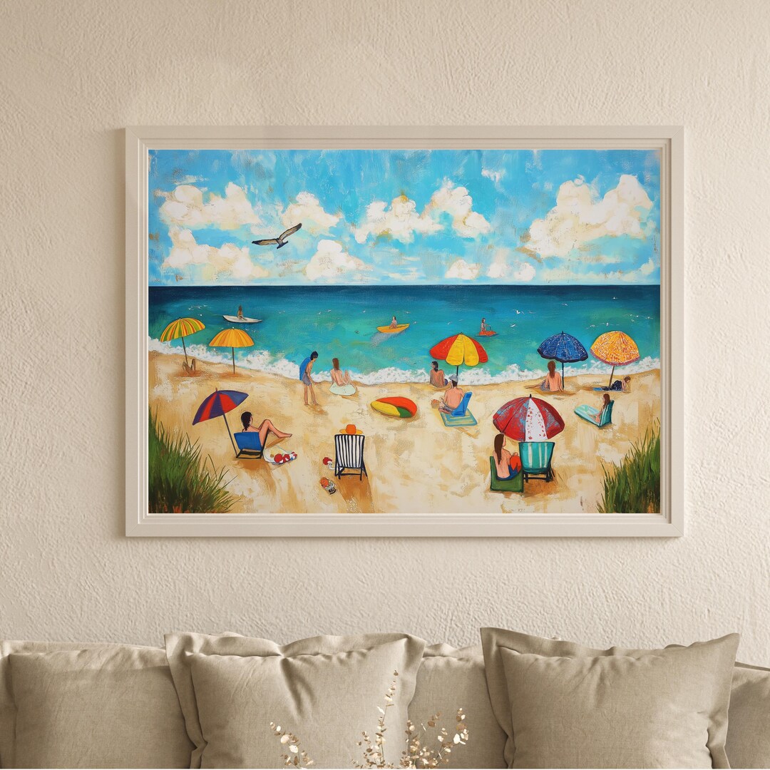 Colorful Beach Day Folk Art, Coastal Wall Print With Umbrellas ...