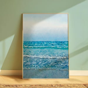 Minimalist Watercolor Blue Ocean Waves Wall Art, Printable Watercolor Sea Artwork, Blue Waves and Sky Abstract Painting