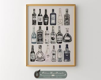 Kunstafdruk vintage drankflessen: Home Bar Gallery Wall Decor (digitale download)