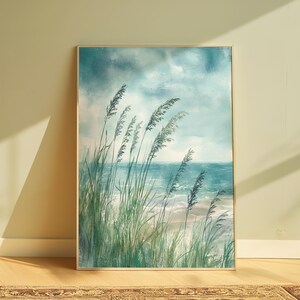 Impresión de escena costera en tonos pastel: Playa neutra, algas marinas (descarga digital)