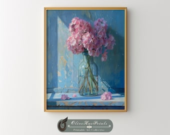 Pink Hydrangeas in Glass Vase Watercolor Print, Farmhouse Country Flowers Wall Art (DIGITAL DOWNLOAD)