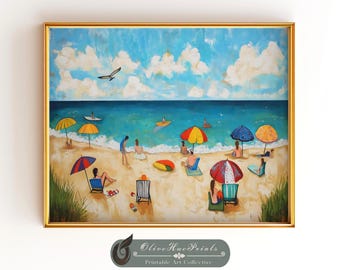 Colorful Beach Day Print: Folk Art Coastal Scene (Digital Download)