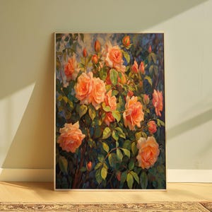 Pintura al óleo de rosas naranjas, descarga digital, flores coloridas y vibrantes, arte mural imprimible, pintura de naturaleza, regalo para decoración del hogar.