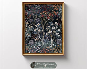 William Morris Style Forest Print: Dense Trees, Flowers, Japanese Maximalist Wall Art (Digital Download)
