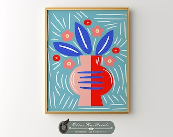 Impresión artística de jarrón de flores bohemio: Ramo floral vibrante (descarga digital)