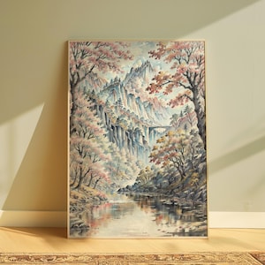 East Asian High Mountains Watercolor Print, Chinese Sumi-e Mountains Wall Art Decor, Natural Scenery Chinese Style Wall Art