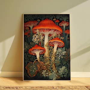 Red Mushroom Print, Dark Wall Art, Botanical Mushroom Print, Cottagecore Style Poster, Mushroom Print Forest Wall Art