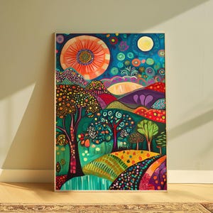 Folk Art Landscape Print: Colorful Trees, Rolling Hills (Digital Download)