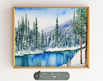 Impresión artística en acuarela de un lago invernal: Pinos nevados (descarga digital)
