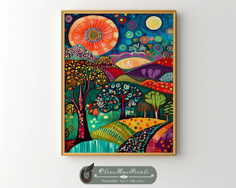 Folk Art Landscape Print: Colorful Trees, Rolling Hills (Digital Download)