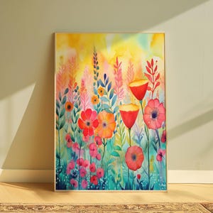 Abstract Wildflower Meadow Watercolor Painting, Colorful Botanical Art Print, PRINTABLE Flower Wall Art