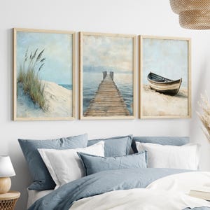 Set of 3 Beach Wall Art Prints, Neutral Beach Wall Art, Beach Prints for Coastal Homes, Seaside Ocean Digital Prints