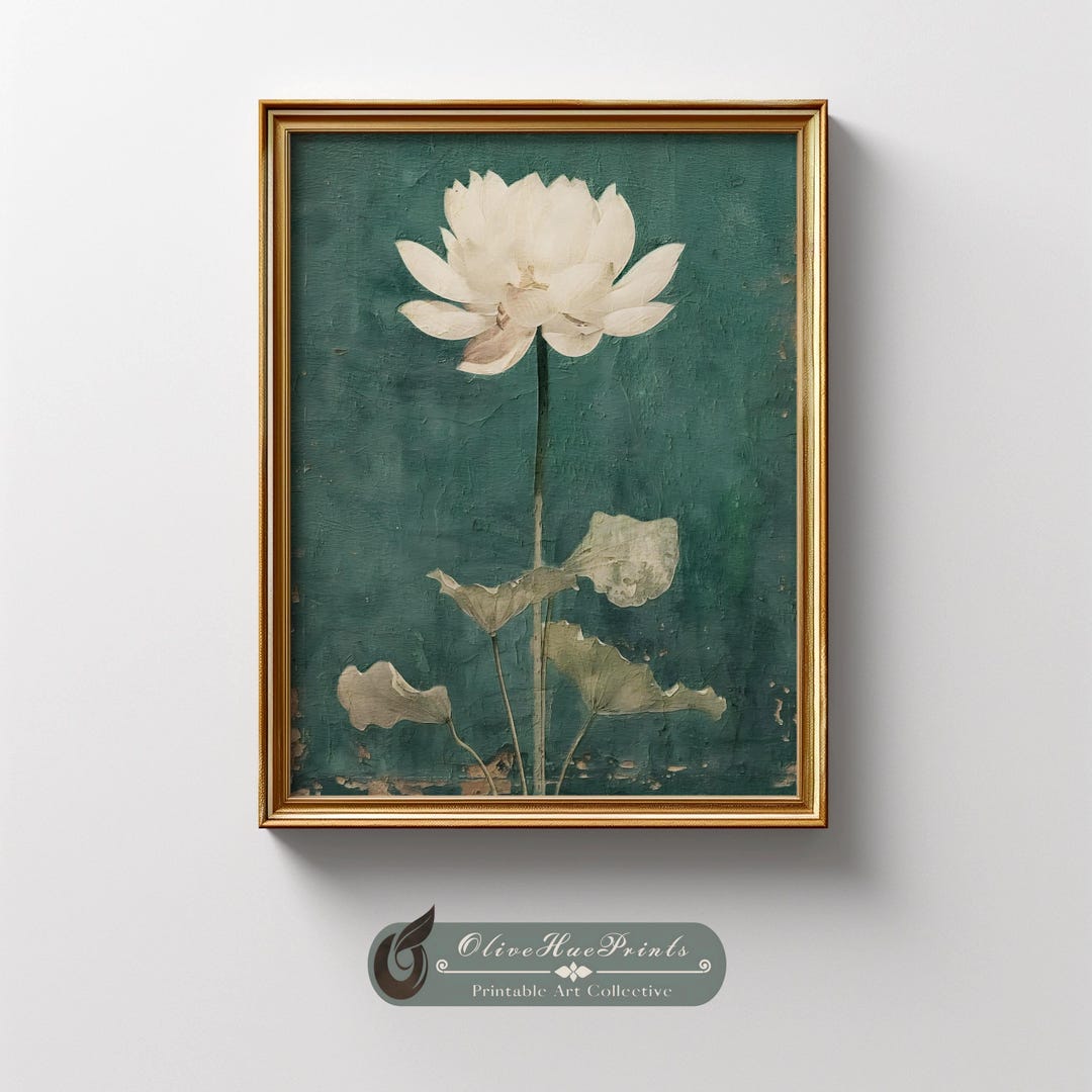 White Lotus Flower Painting: Vintage Asian Floral Wall Art (digital ...