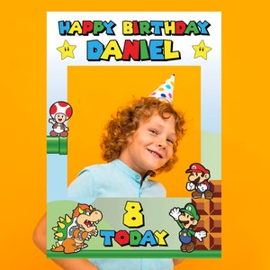 PRINTED Premium personalised Super Mario Bros. Birthday Selfie Frame, Nintendo photo prop, kids party prop, Princess Peach, Luigi