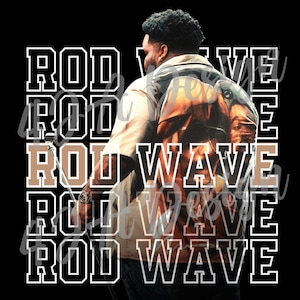 May include: A black and white graphic design with the text "Rod Wave" repeated five times. The text is in a bold, blocky font. A person is standing in the background, but their face is not visible.