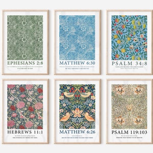 Christian Digital Wall Art Set Of 6, William Morris Prints, Religious Decor, Boho Bible Verse Print, Christian Home Value Collection