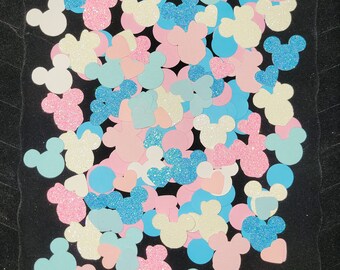 GENDER REVEAL CONFETTI mickey mouse minnie mouse hearts confetti glitter blue pink white circle confetti baby shower boy girl confetti