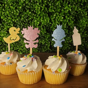 GENDER REVEAL CUPCAKE toppers 6pc set baby shower princess prince rubber duckie bottle glitter