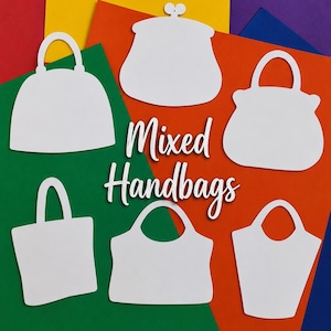 May include: Six white die-cut handbag shapes in various styles arranged on a colorful background. The text Mixed Handbags is printed in white cursive script in the center of the arrangement, positioned between the handbag silhouettes.