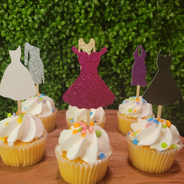 PARTY DRESS CUPCAKE toppers 6pc set Bachelorette wedding prom bridesmaid birthday dresses