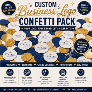 May include: A custom business logo confetti pack featuring circular cardstock pieces in navy blue, gold glitter, and white. The white pieces are printed with the Elevate Solutions logo and a crown icon. The image includes text and icons.