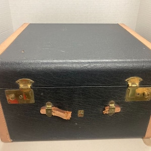 1920s Vintage Antique Belber Suitcase Brass and Leather Black Blue Tan Gold