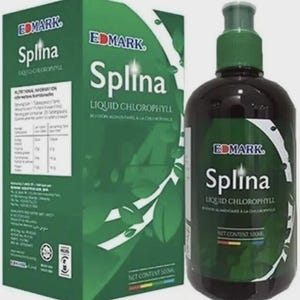 May include: A green box and a dark bottle of Splina Liquid Chlorophyll. The box and bottle have the brand name "EDMARK" and the product name "Splina" in white lettering. The bottle contains 500ml of liquid.