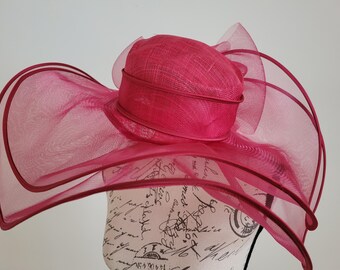 Paris Magenta Fascinator Hat – Elegant Organza Headpiece for Wedding & Derby Women Organza Church Derby Hat Wide Brim Sun Hats for  main image 3