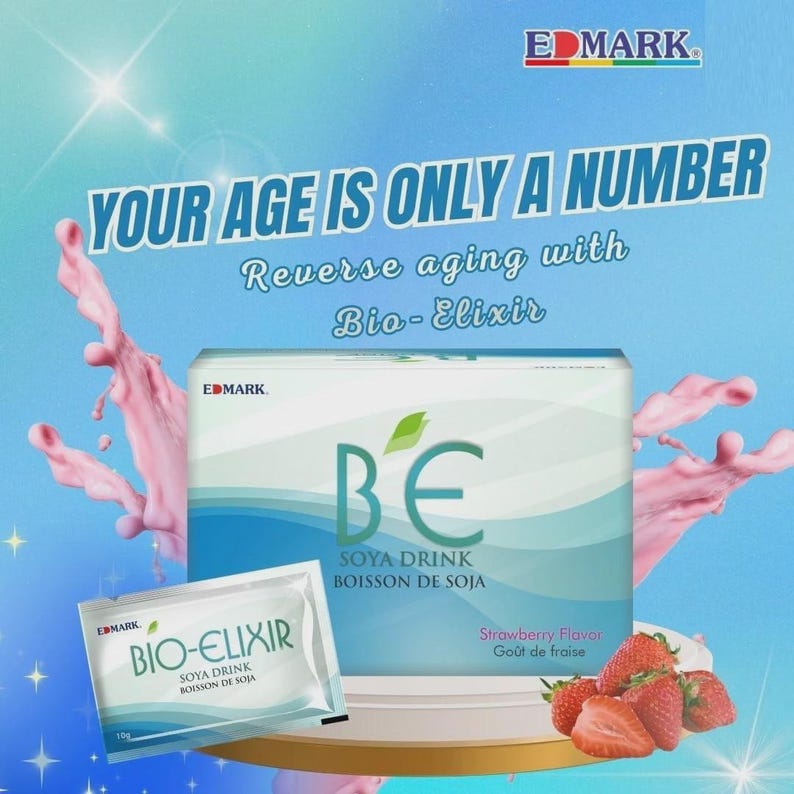 May include: An advertisement for Bio-Elixir Soya Drink. The image features a box and a packet of the product, along with strawberries. The text reads "Your age is only a number" and "Reverse aging with Bio-Elixir."