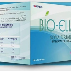 May include: A box of Bio-Elixir Soya Drink, with the text "Strawberry Flavor" and "Goût de fraise". The box has a blue and white design with nutritional information and the brand name "EDMARK".